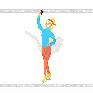 Girl On Skates Taking Selfie - vector image