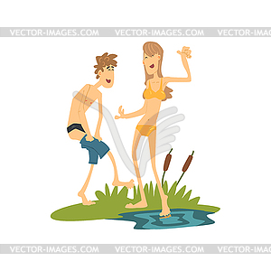 Couple Going For Swim - color vector clipart