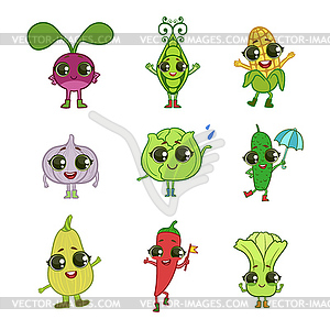 Vegetables Cartoon Characters Collection - vector image