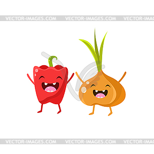 Sweet Pepper And Onion Cartoon Friends - vector image