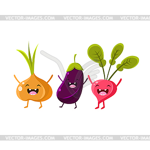 Onion, Eggplant And Radish Cartoon Friends - vector clipart