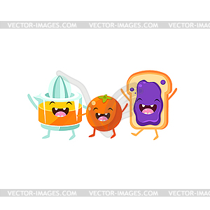 Orange, Squeezer And Toast Cartoon Friends - royalty-free vector image