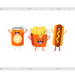 Fries, Hot dog And Soda Cartoon Friends - vector clip art