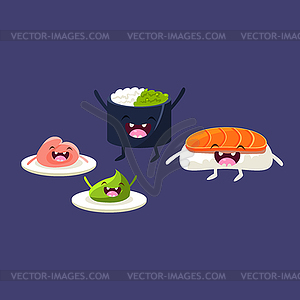 Sushi Salmon And Cartoon Friends - vector clipart