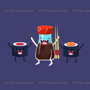 Rolls And Soya Sauce Cartoon Friends - royalty-free vector image