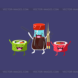 Sweet Rolls And Soya Cartoon Friends - vector image