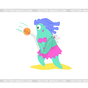 Playing Volleyball Female Monster On Beach - vector clipart