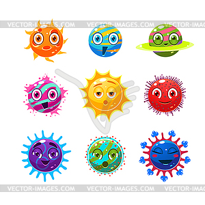 Fantastic planets with faces and emotions. Objects - vector image