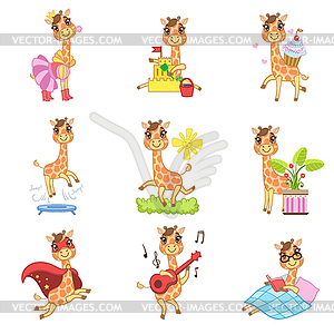 Cute Giraffe Cartoon Collection - color vector clipart