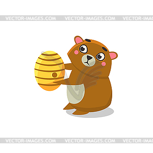 Brown Bear Holding Beehive - vector clipart