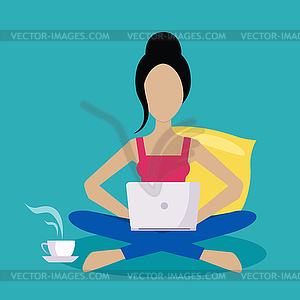 Girl Sitting At Home Working Freelance - vector image