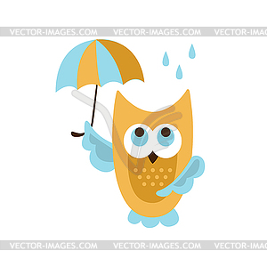 Сова с зонтиком под дождем - векторный клипарт / векторное изображение