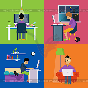 Men Working Freelance Set - color vector clipart