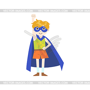 Kid In Superhero Costume With Blue Cape - vector clipart