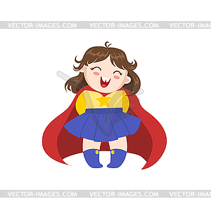 Girl Dressed As Superhero With Red Cape - vector image