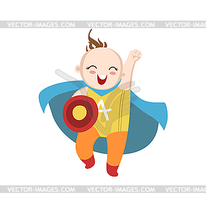 Boy Dressed As Superhero With Shield - vector image