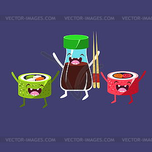 Sweet Rolls And Soy Cartoon Friends - vector image