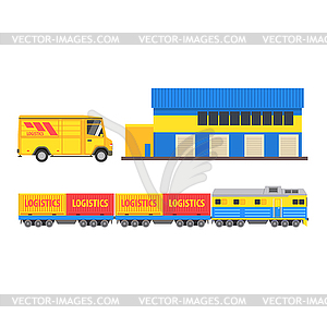Warehouse, Cargo Train And Bus - royalty-free vector image