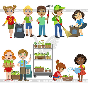 Kids Gardening And Picking Up Garbage Set - vector EPS clipart