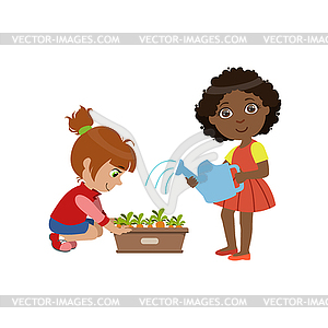 Girls Gardening Together - vector clip art