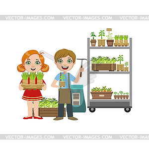 Girls And Boy With Gardening Inventory - vector clip art