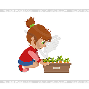 Little Girl Growing Carrots - royalty-free vector clipart