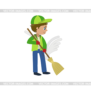 Boy With Broom Outdoors - vector image