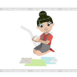 Girl Doing Paper Origami Boat - vector image