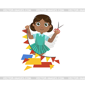 Girl Making Triangle Garland - vector clip art