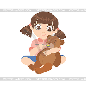 Girl Feeding Teddy Bear - color vector clipart