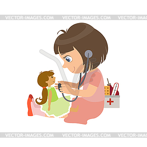 Girl Playing With Doll - vector clipart