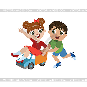 Kids Playing With Toy Truck - vector image