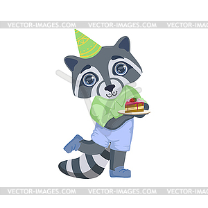 Boy Raccoon With Birthday Cake - vector clip art