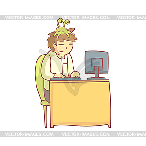 Office Worker With Sloth Monster On Head - vector clip art