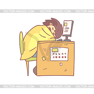 Office Worker Sleeping At Work Wrapped In Blanket - vector clipart