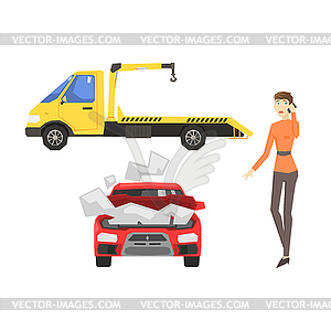 Evacuation Truck, Broken Car And Woman Calling - vector clip art