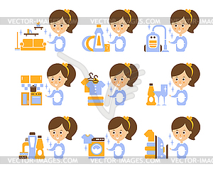 Cleaning Service Girl And Finished Tasks Set Of s - vector image