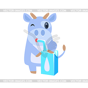 Cow Drinking Milk of Carton Box With Straw - vector image