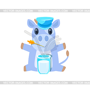 Cow In Hat Sitting With Glass Of Milk - vector clip art