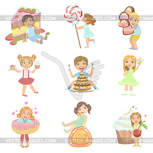 Kids And Giant Sweets Set - vector clip art