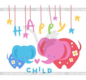 Happy Child Backdrop With Elephants - vector image