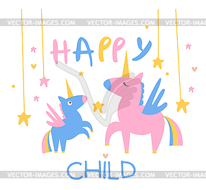 Happy Child Backdrop With Unicorns - vector clipart