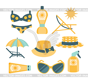 Beach Vacation Travelling Kit Set - color vector clipart