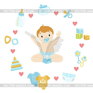 Baby Boy Surrounded With Object It Needs - vector image