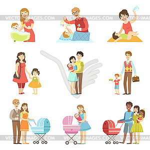 Happy Families With Kids And Babies - vector image