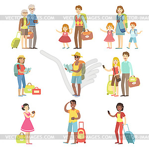 Happy Tourists With Bags And Cameras Collection - vector image