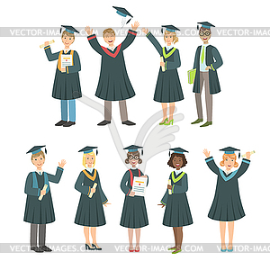 Graduating Students In Black Mantle Set - vector clipart