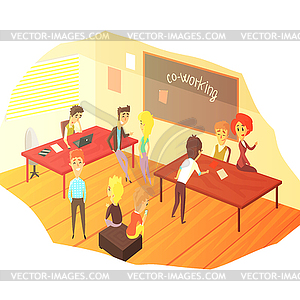 Co-working Office Space With Blackboard - vector clipart