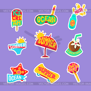 Summer Beach Holidays Stickers With Text Set - stock vector clipart