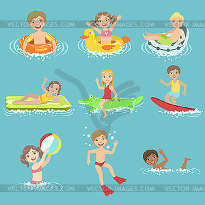 Kids Playing In Water Set - vector image